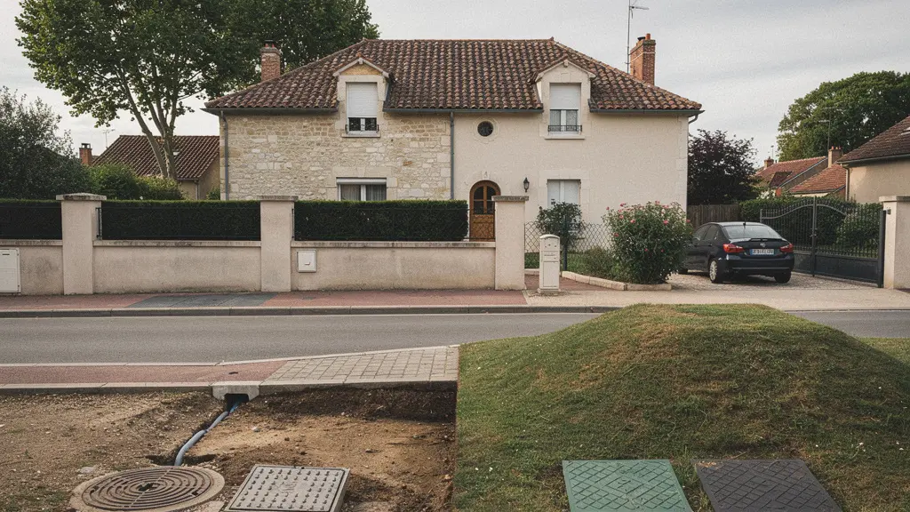 Maison individuelle en France avec une composition qui oppose visuellement le raccordement au tout-a-l-egout et un assainissement non collectif sur la parcelle.