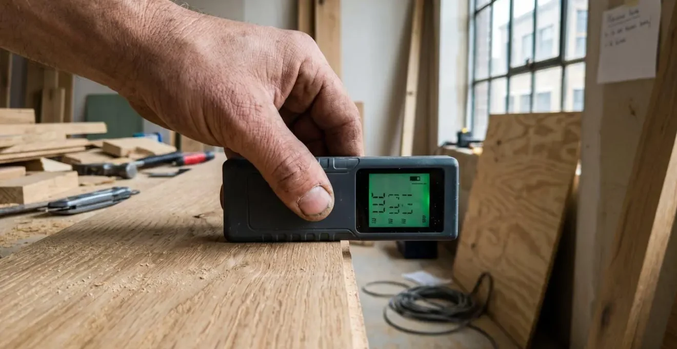 Gros plan sur la main d'un artisan tenant un mètre laser sur une surface en cours de rénovation, arrière-plan flouté montrant des matériaux de chantier