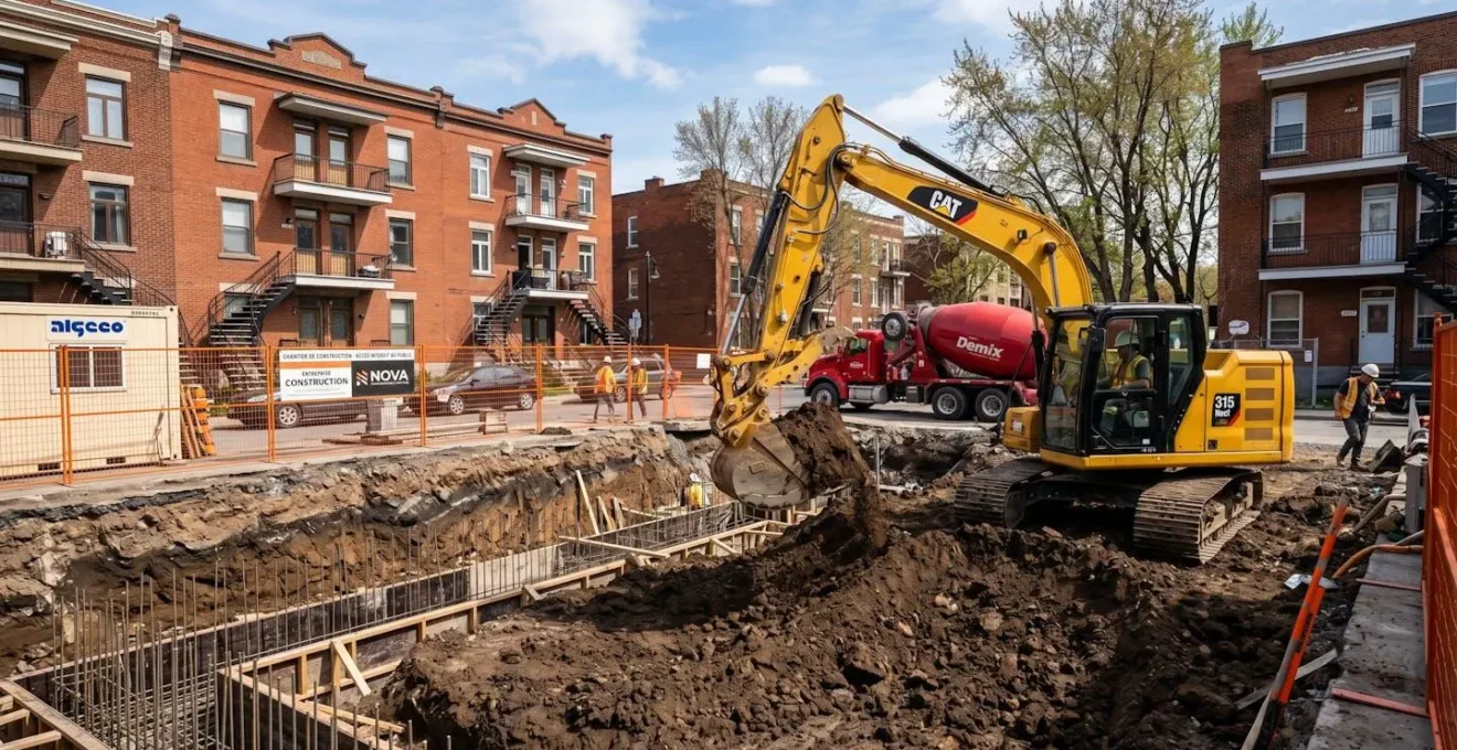 Vue en plongée d'un chantier résidentiel actif montrant l'excavation périmétrique d'un duplex en brique rouge typique du Plateau Mont-Royal, avec équipement moderne et sol argileux visible
