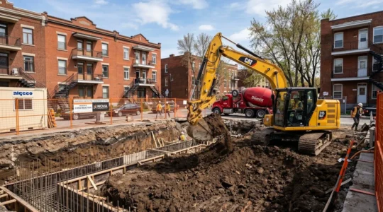 Vue en plongée d'un chantier résidentiel actif montrant l'excavation périmétrique d'un duplex en brique rouge typique du Plateau Mont-Royal, avec équipement moderne et sol argileux visible