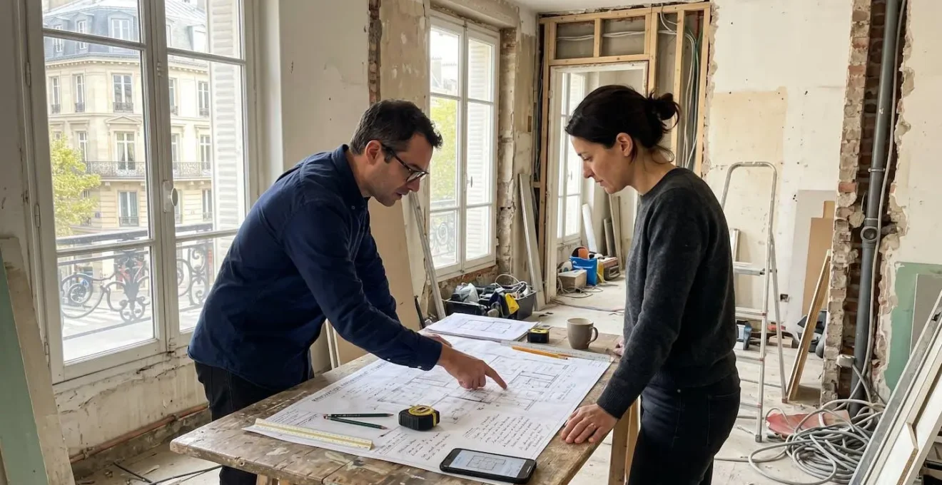 Un chef de chantier et une cliente consultent ensemble des plans de rénovation sur une tablette dans un espace en cours de travaux, lumière naturelle latérale
