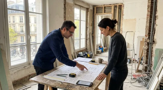 Un chef de chantier et une cliente consultent ensemble des plans de rénovation sur une tablette dans un espace en cours de travaux, lumière naturelle latérale