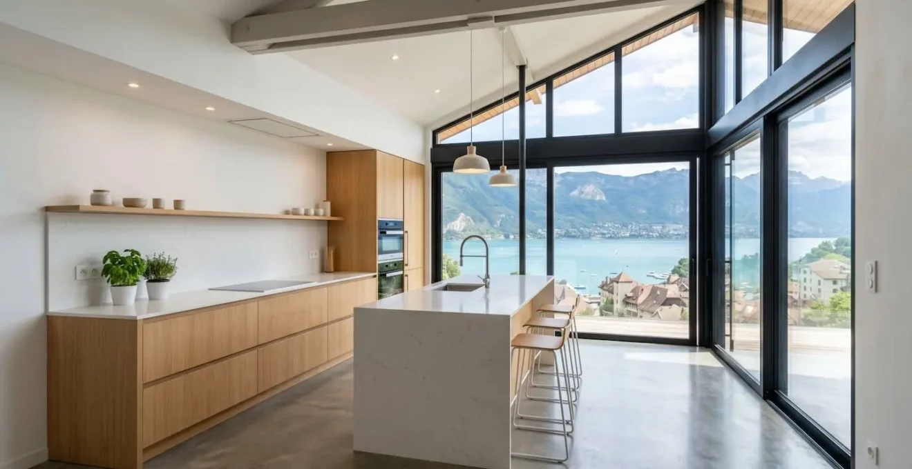 Intérieur lumineux d'une cuisine contemporaine fraîchement rénovée à Annecy, vide de présence humaine, design français épuré, larges fenêtres laissant entrer la lumière du jour