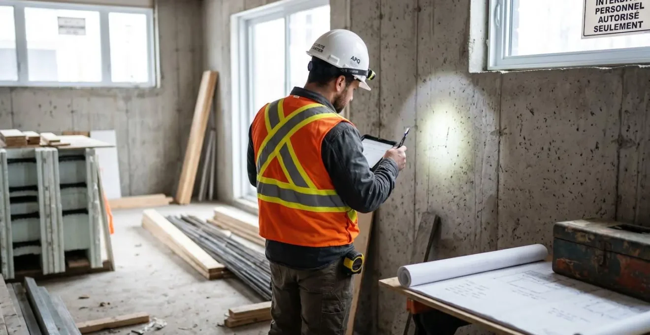 Vue de trois-quarts dos d'un entrepreneur portant casque de sécurité et veste réfléchissante, inspectant un mur de fondation en béton avec une lampe frontale dans un sous-sol résidentiel contemporain propre