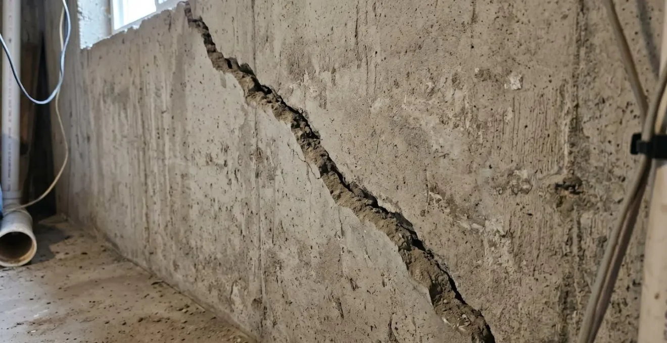 Gros plan détaillé d'une fissure diagonale profonde traversant un mur de fondation en béton brut, avec texture rugueuse et largeur visible de plusieurs millimètres mise en évidence par la lumière rasante
