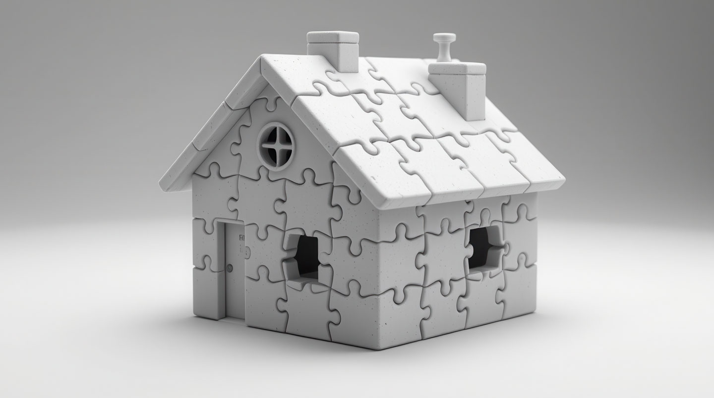 Puzzle de maison avec pièces mal ajustées et icônes d'alerte, illustrant les erreurs d'agrandissement.