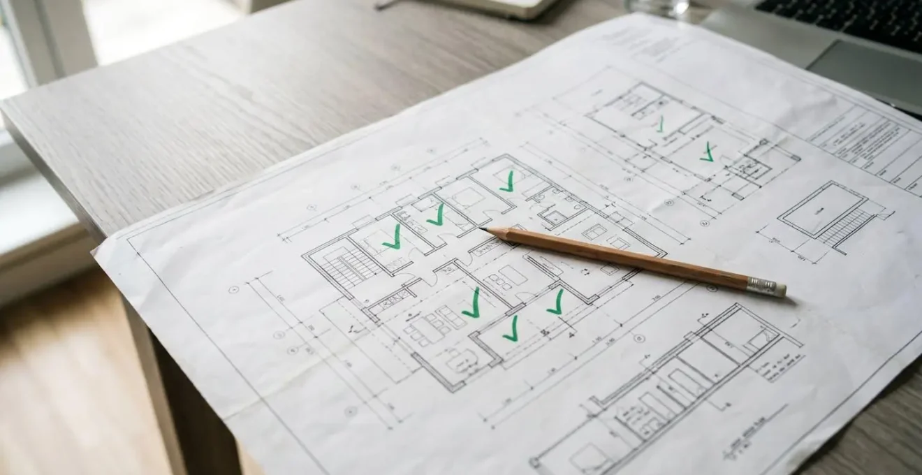 Architecte pointant des éléments sur un plan avec des icônes de validation, illustrant l'anticipation des erreurs.