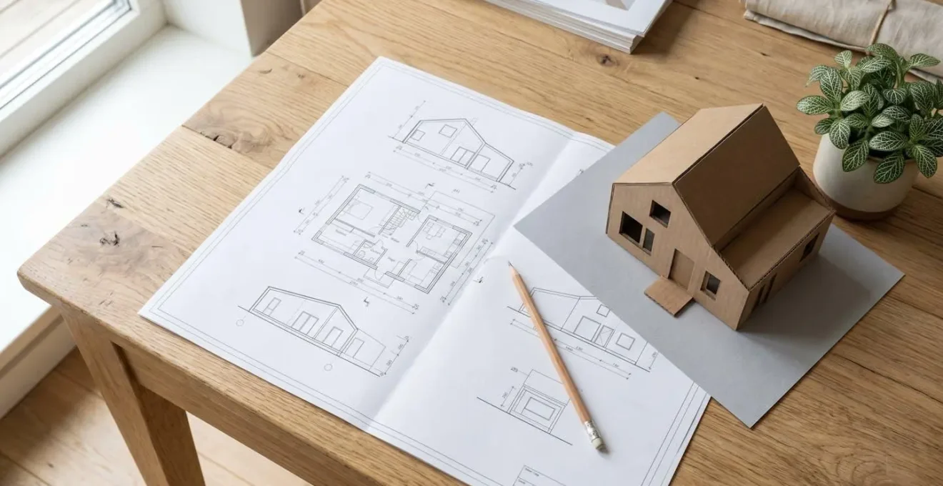 Plans d'architecture et maquette de maison sur une table en bois, symbolisant la planification d'un agrandissement.