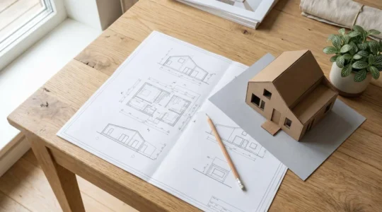 Plans d'architecture et maquette de maison sur une table en bois, symbolisant la planification d'un agrandissement.