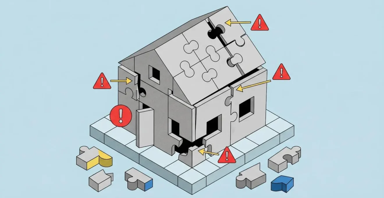 Puzzle de maison avec pièces mal ajustées et icônes d'alerte, illustrant les erreurs d'agrandissement.