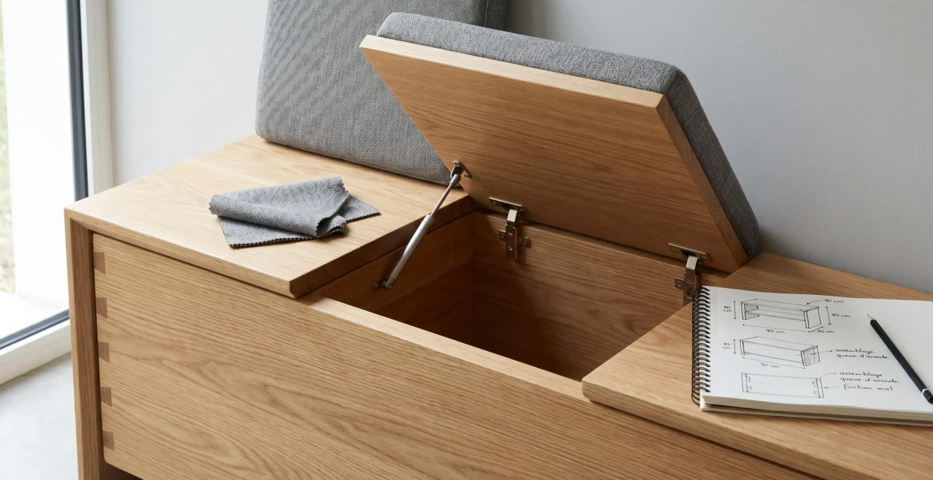 Banc-coffre en bois massif avec détails de construction visibles illustrant la sélection de mobilier durable et multifonction