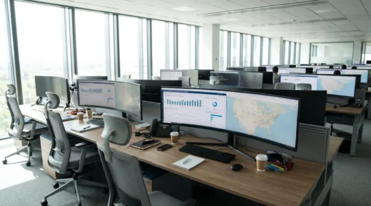 Centre de supervision télécoms moderne avec plusieurs écrans affichant des tableaux de bord d'interventions fibre et des indicateurs de satisfaction client