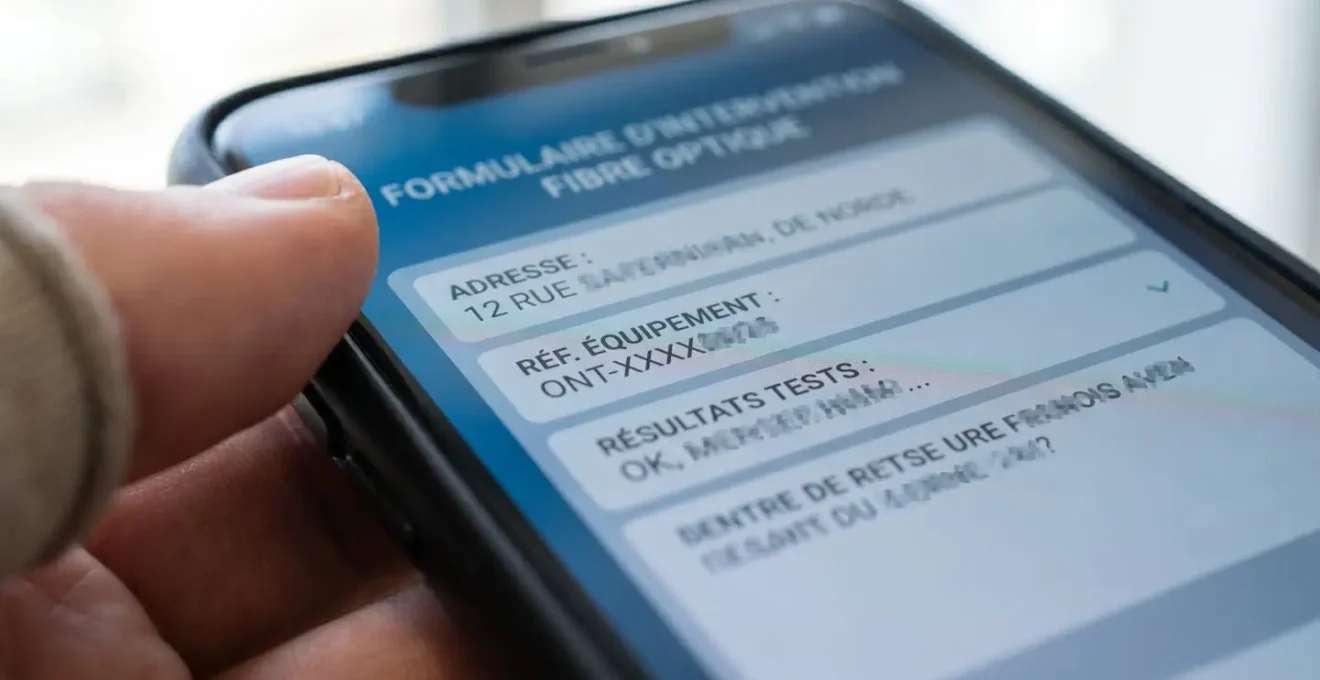 Gros plan sur écran de smartphone affichant une application de rapport d'intervention fibre avec champs techniques pré-remplis