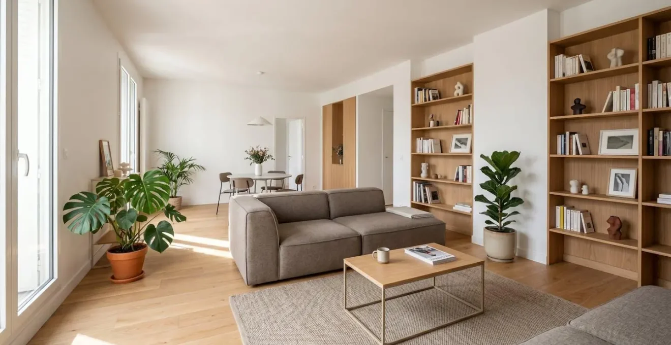 Salon contemporain lumineux avec rangements muraux intégrés, mobilier épuré et circulation dégagée illustrant l'équilibre entre esthétique et fonctionnalité