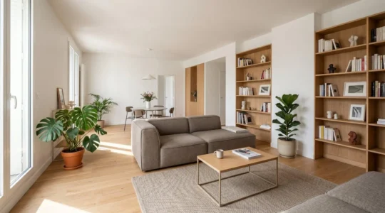 Salon contemporain lumineux avec rangements muraux intégrés, mobilier épuré et circulation dégagée illustrant l'équilibre entre esthétique et fonctionnalité