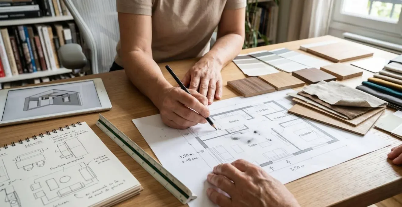 Table de travail d'architecte d'intérieur avec plans d'aménagement, échantillons matériaux et outils de planification professionnels