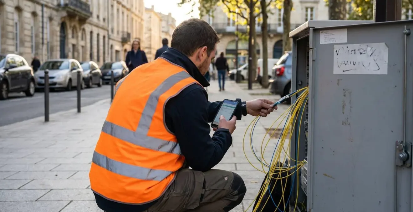 Technicien fibre de dos, accroupi devant une armoire de rue télécom, consultant son smartphone tout en vérifiant une connexion optique