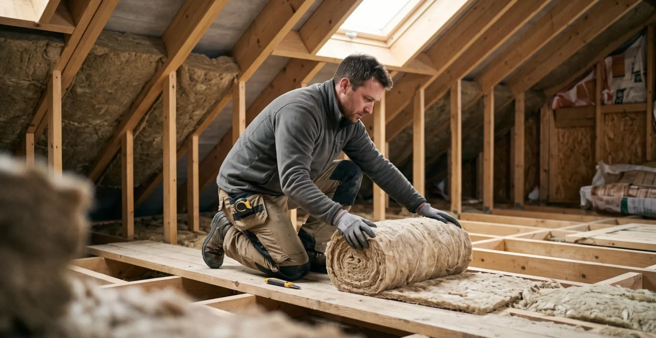 Artisan installant de l'isolation thermique en laine minérale entre les chevrons dans les combles d'une maison