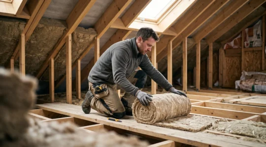 Artisan installant de l'isolation thermique en laine minérale entre les chevrons dans les combles d'une maison