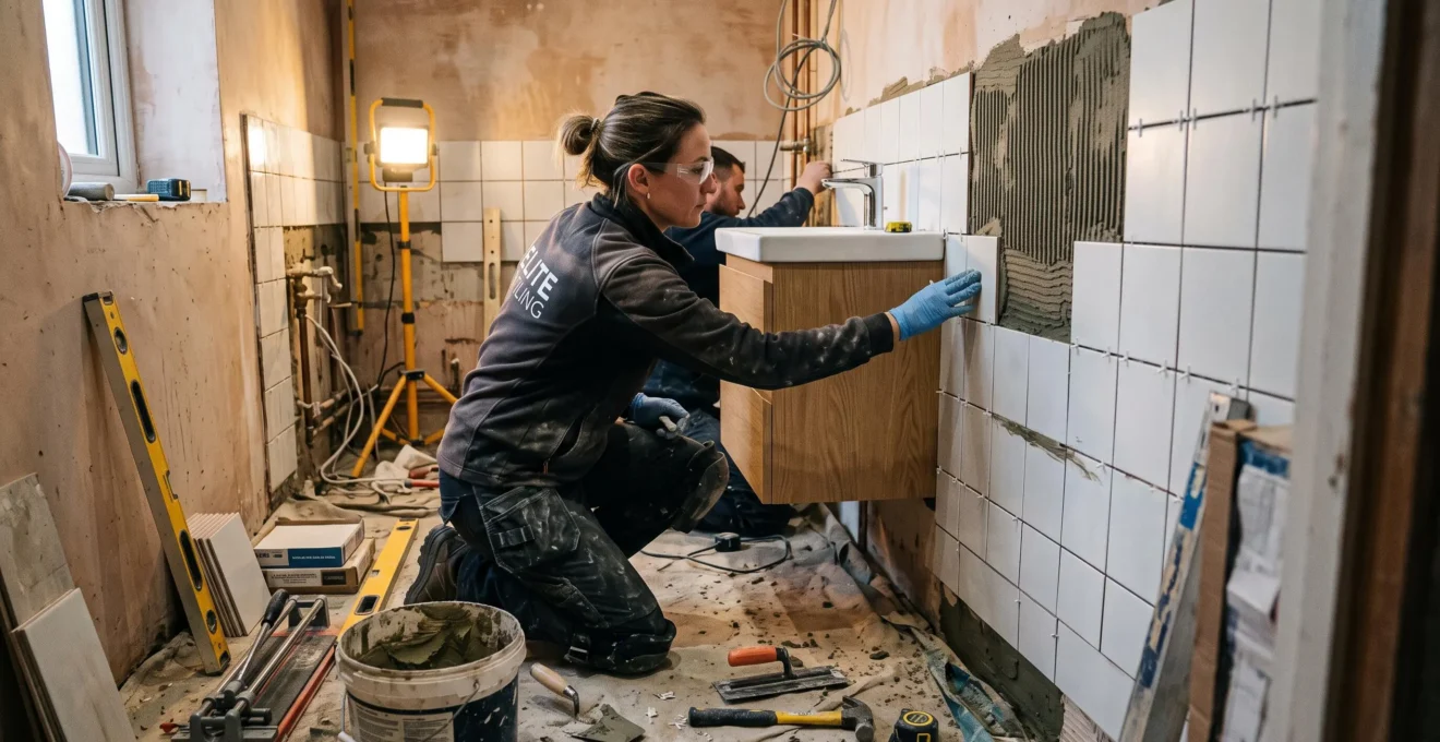 Artisan carreleur posant du carrelage mural dans une salle de bain en cours de rénovation