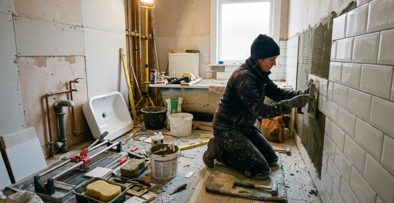 Installateur professionnel fixant des meubles de cuisine moderne sur le mur d'une cuisine en cours de rénovation