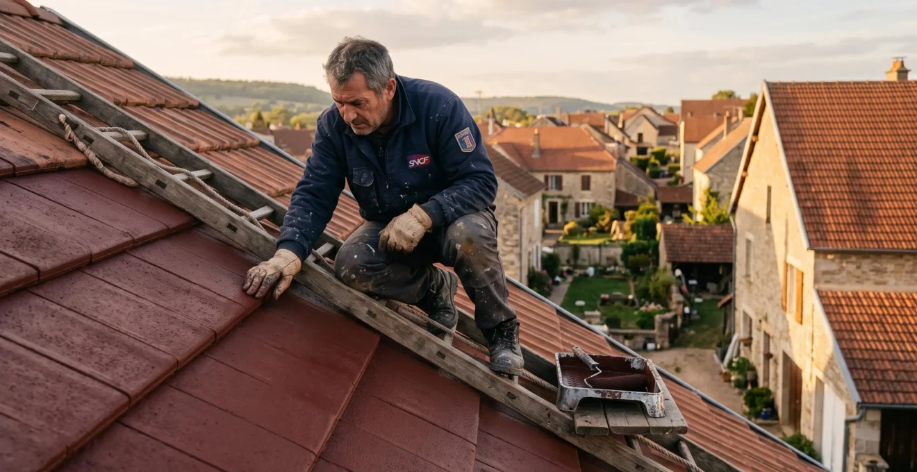 Un artisan vérifie la finition d'une toiture fraîchement peinte depuis son échelle.