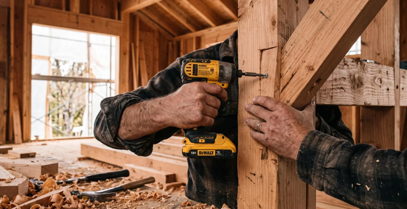 Les mains d'un artisan serrent une fixation sur une ossature bois en chantier.