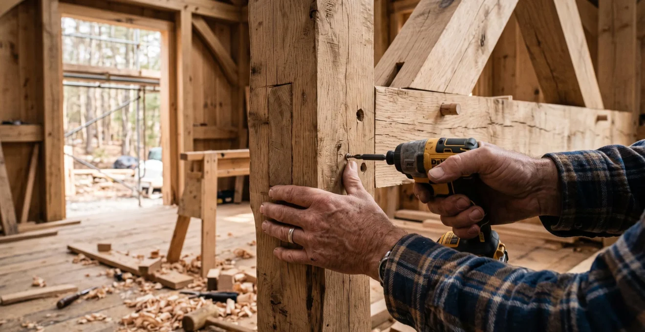 Les mains d'un artisan serrent une fixation sur une ossature bois en chantier.