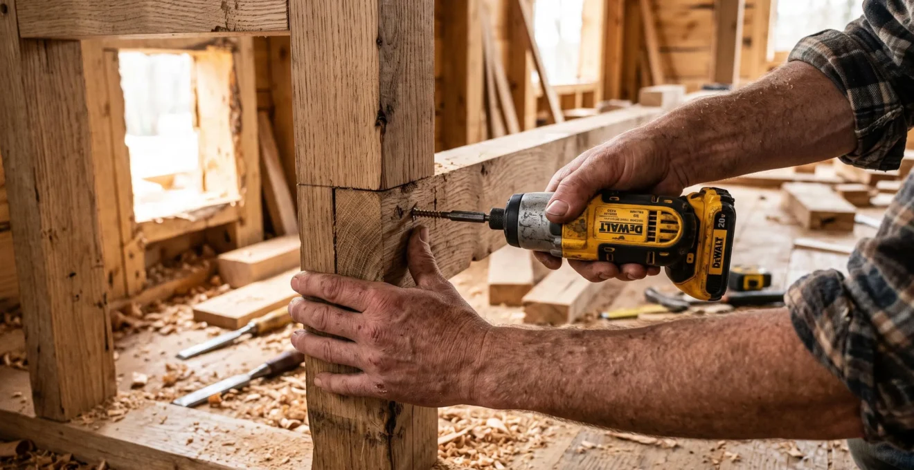Les mains d'un artisan serrent une fixation sur une ossature bois en chantier.