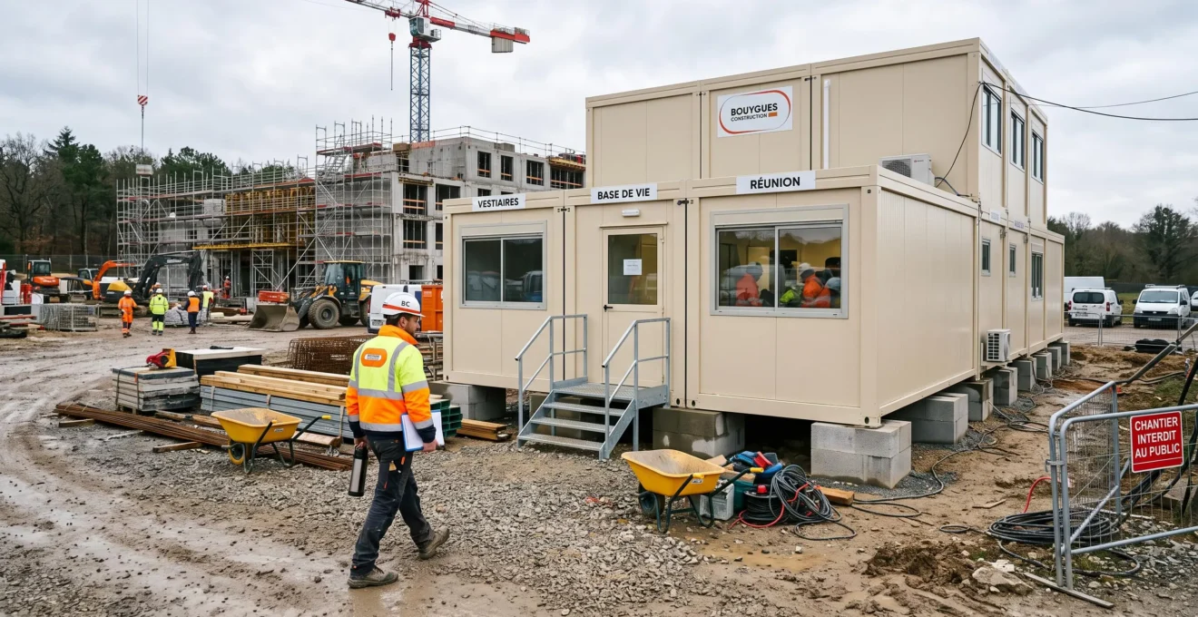 Une base de vie modulaire installée sur un chantier avec un ouvrier en gilet haute visibilité.