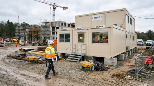 Une base de vie modulaire installée sur un chantier avec un ouvrier en gilet haute visibilité.