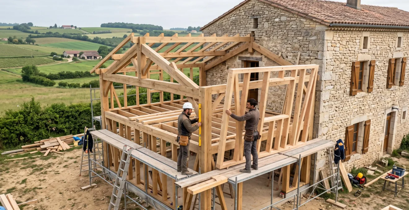 Deux charpentiers assemblent un panneau d'ossature bois contre une maison en pierre.