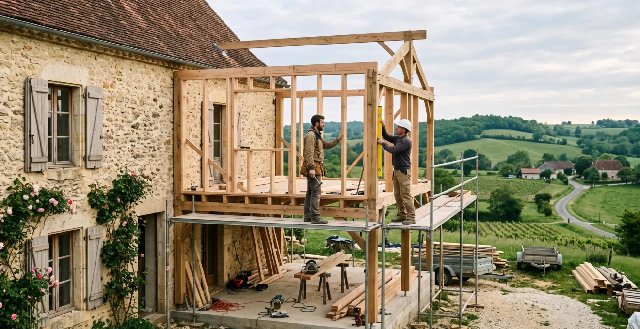 Deux charpentiers assemblent un panneau d'ossature bois contre une maison en pierre.