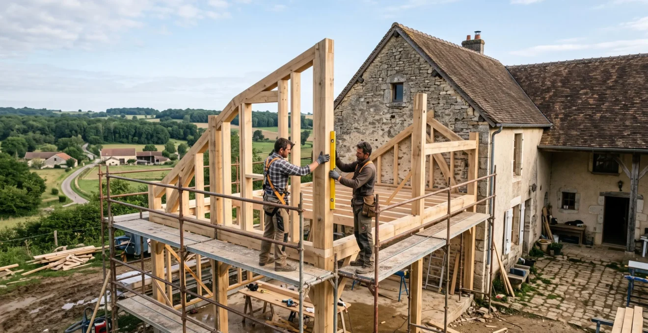 Deux charpentiers assemblent un panneau d'ossature bois contre une maison en pierre.