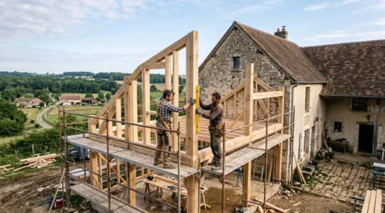 Deux charpentiers assemblent un panneau d'ossature bois contre une maison en pierre.