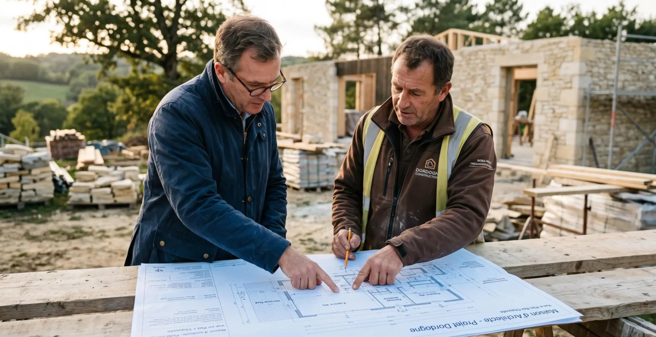 Discussion entre client et constructeur sur les plans de sa maison personnalisée.