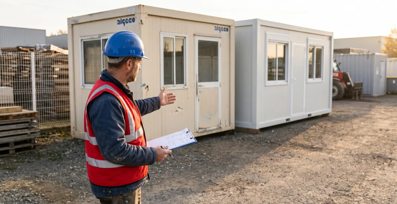 Un conducteur de travaux compare deux modules de chantier dans une cour industrielle.