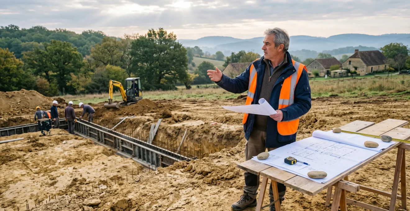 Architecte examinant les fondations d'une maison sur un terrain en Périgord.