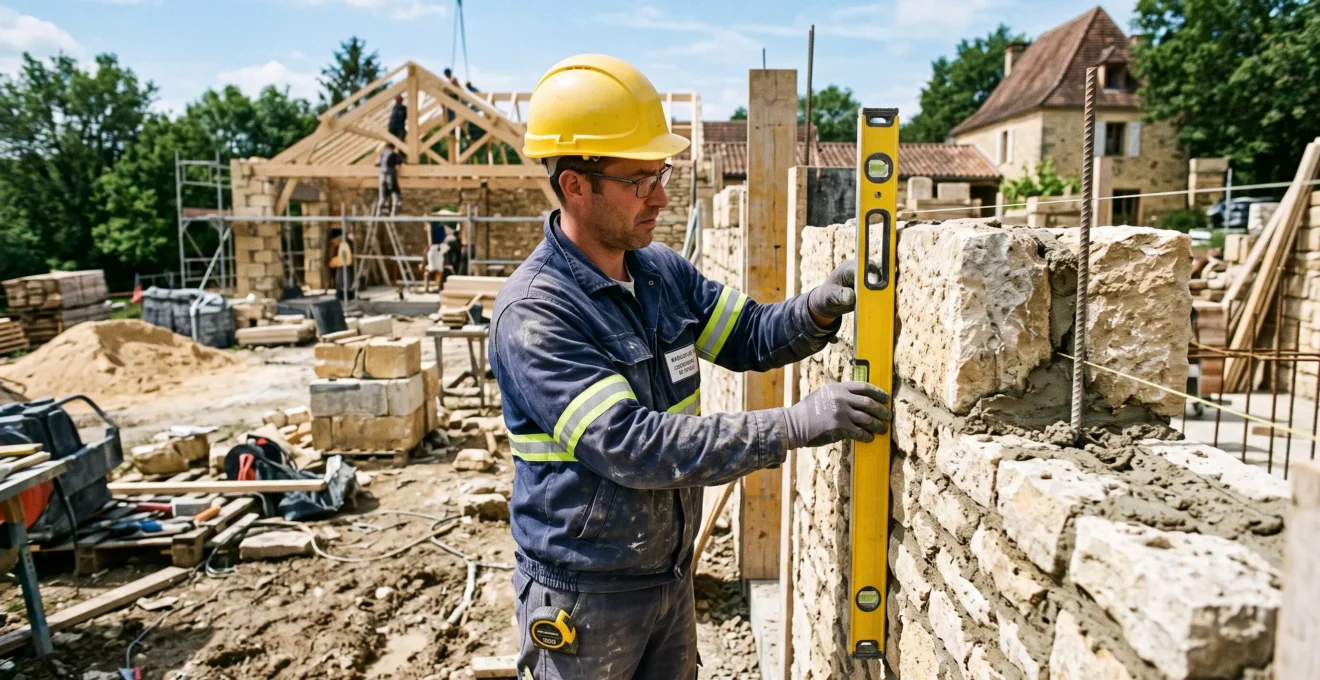 Maçon vérifiant la qualité d'une structure en cours sur un chantier en France.