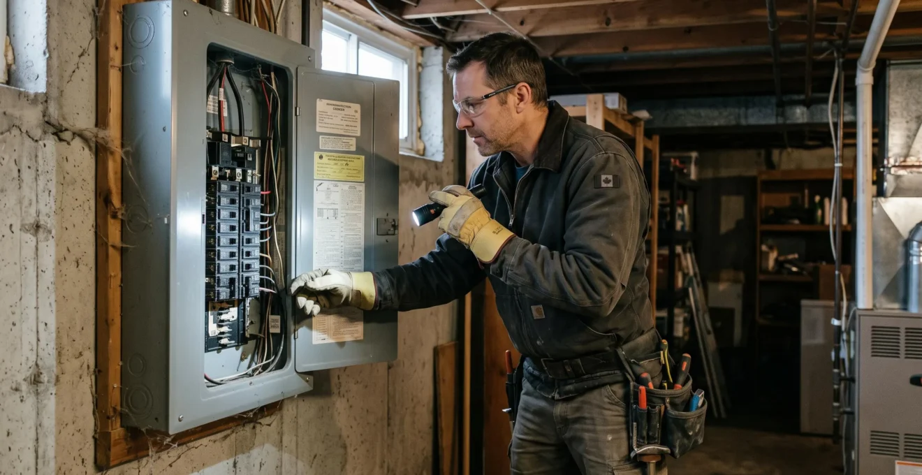 Un électricien inspecte un panneau électrique ouvert dans un sous-sol résidentiel au Canada.
