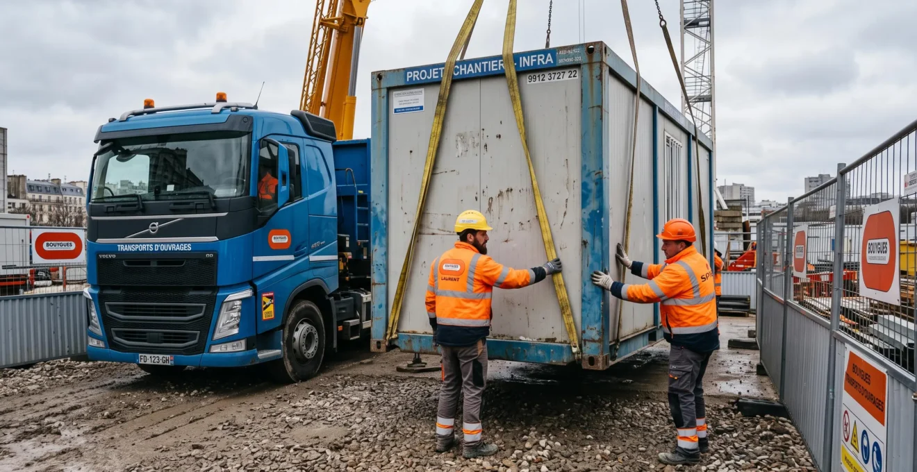 Deux ouvriers guident le déchargement d'un module de chantier depuis un camion.