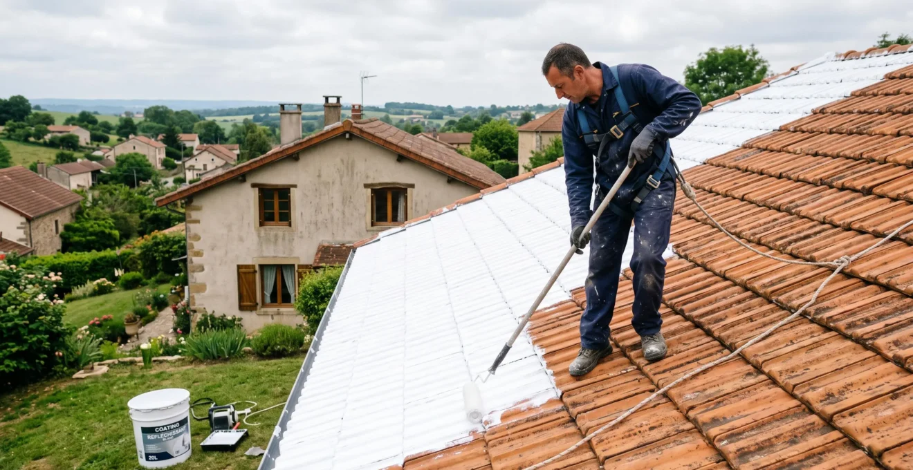 Un couvreur applique une peinture thermo-réfléchissante blanche sur une toiture en tuiles.