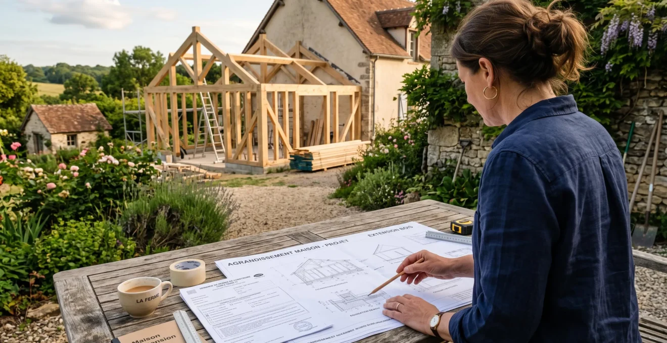 Un propriétaire examine des plans d'extension sur une table de jardin.
