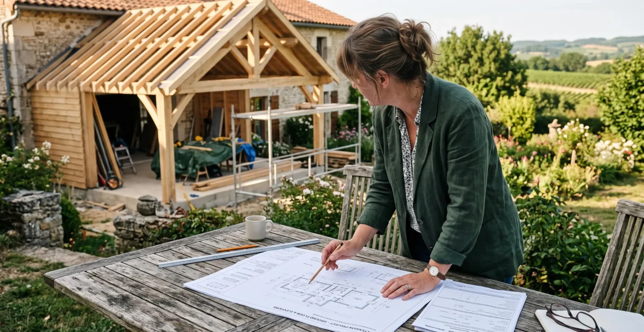 Un propriétaire examine des plans d'extension sur une table de jardin.