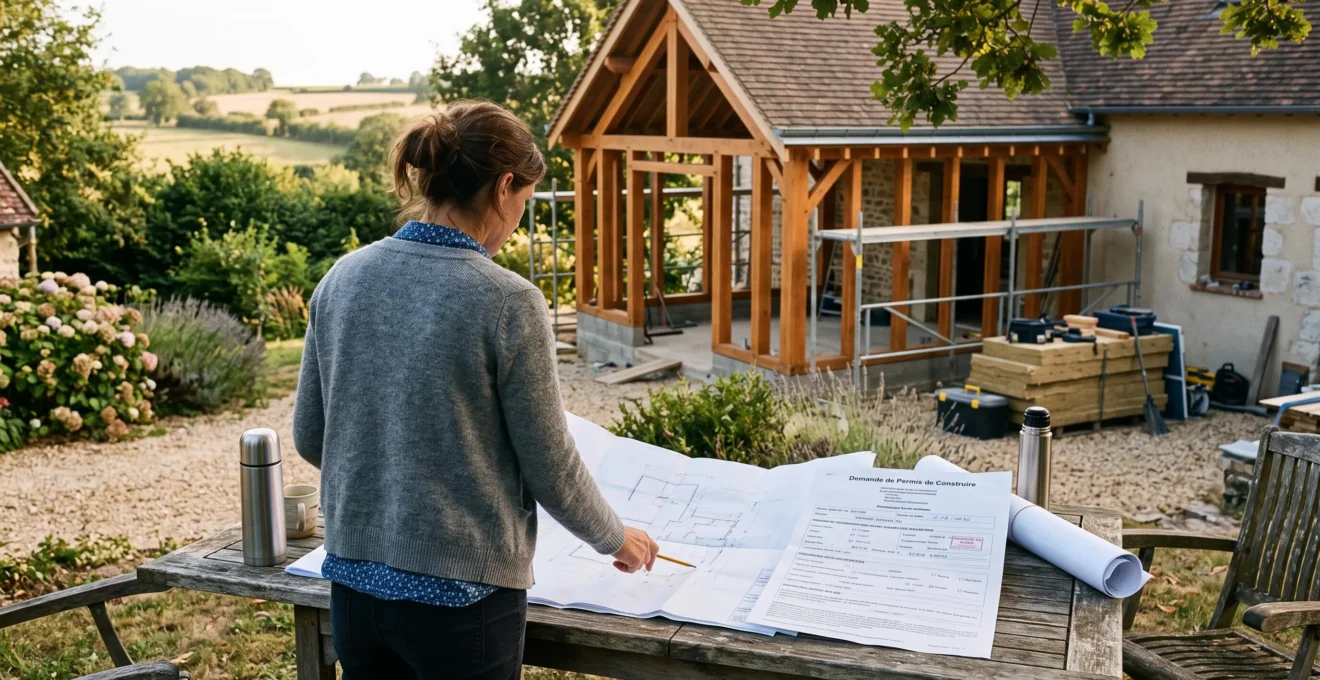 Un propriétaire examine des plans d'extension sur une table de jardin.